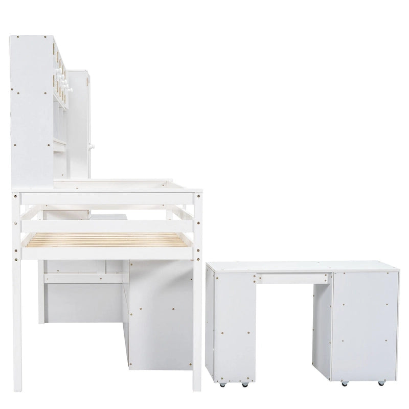 White Twin Size Wooden Loft Bed with Integrated Wardrobe & Desk
