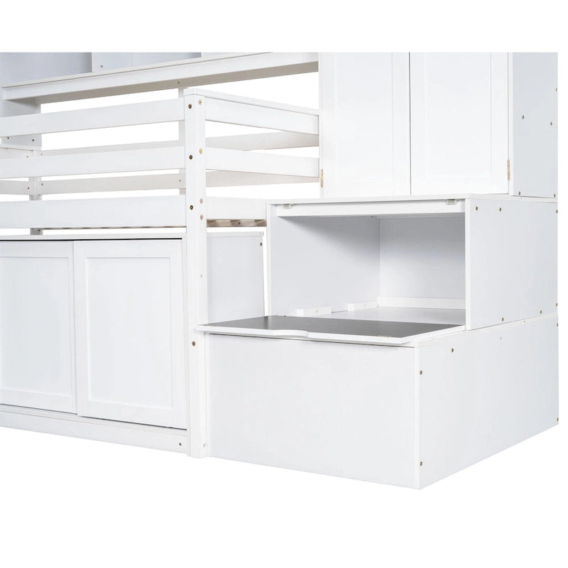 White Twin Size Wooden Loft Bed with Integrated Wardrobe & Desk