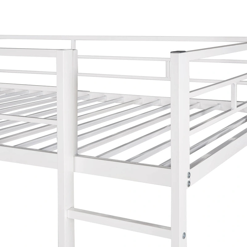 White Twin Size Metal Loft Bed with Ladder, Fence, Shelves, and Desk