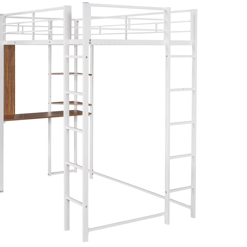 White Twin Size Metal Loft Bed with Ladder, Fence, Shelves, and Desk