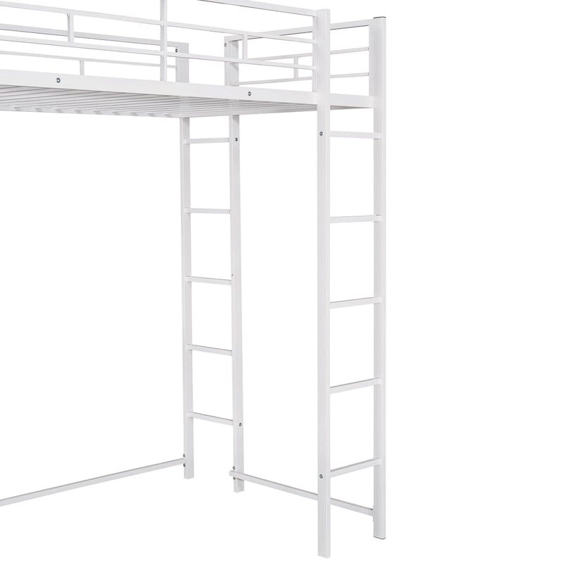 White Twin Size Metal Loft Bed with Ladder, Fence, Shelves, and Desk