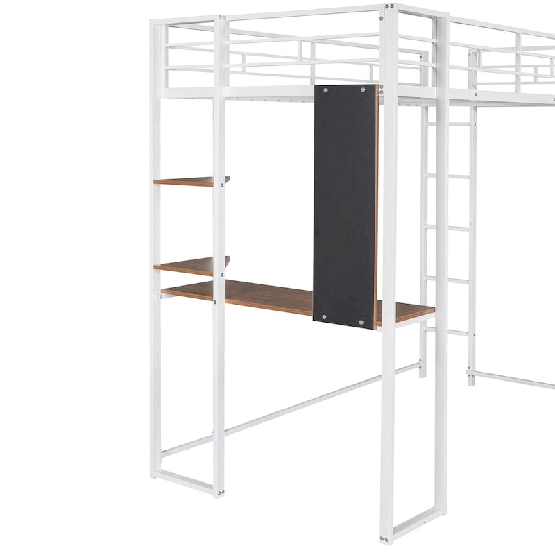 White Twin Size Metal Loft Bed with Ladder, Fence, Shelves, and Desk