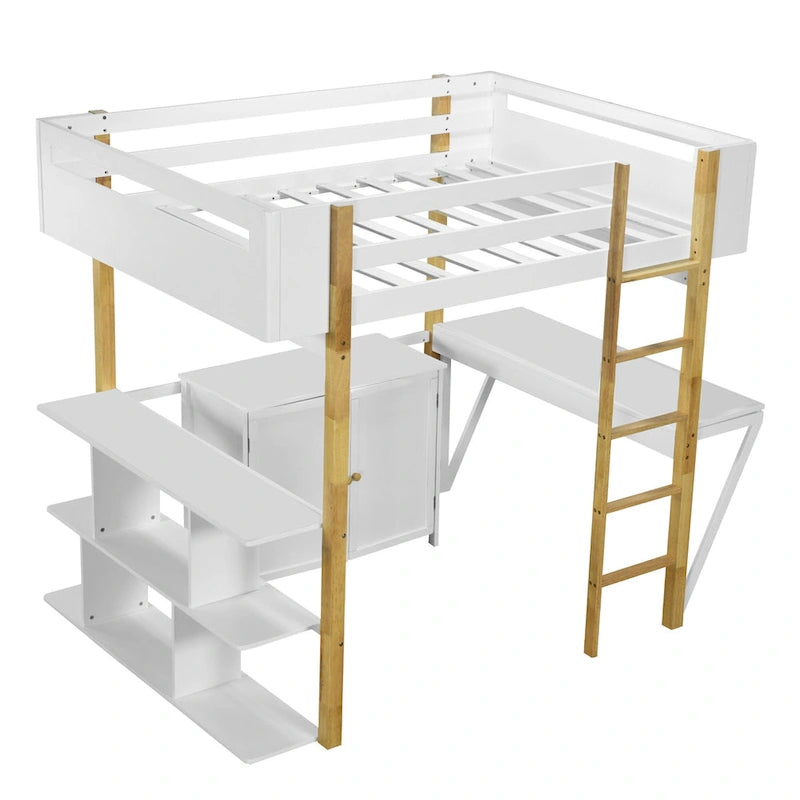 White Full Size Solid Wood Loft Bed with Storage Cabinet & Desk