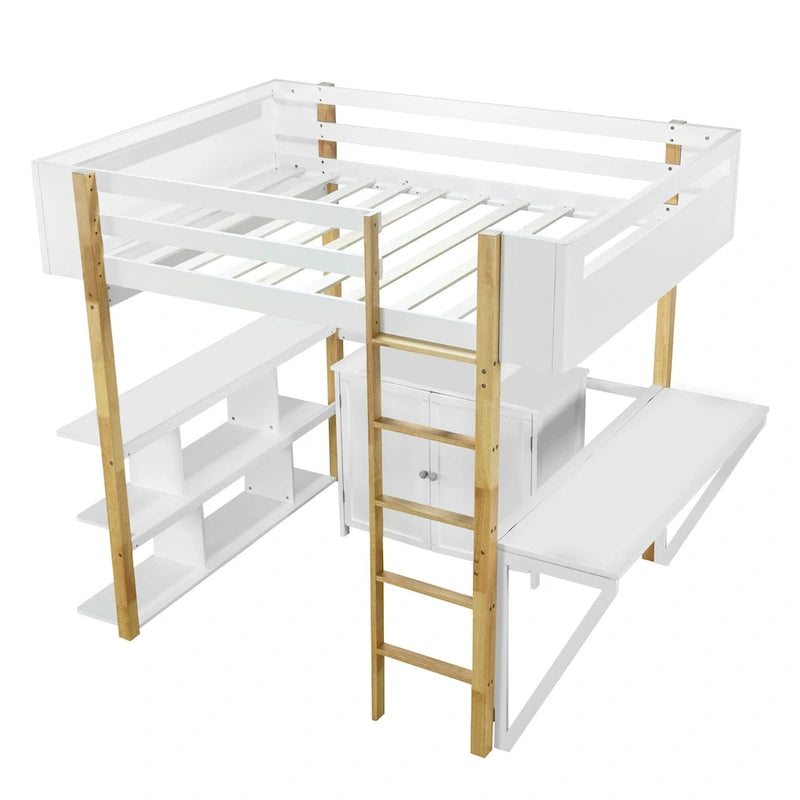 White Full Size Solid Wood Loft Bed with Storage Cabinet & Desk