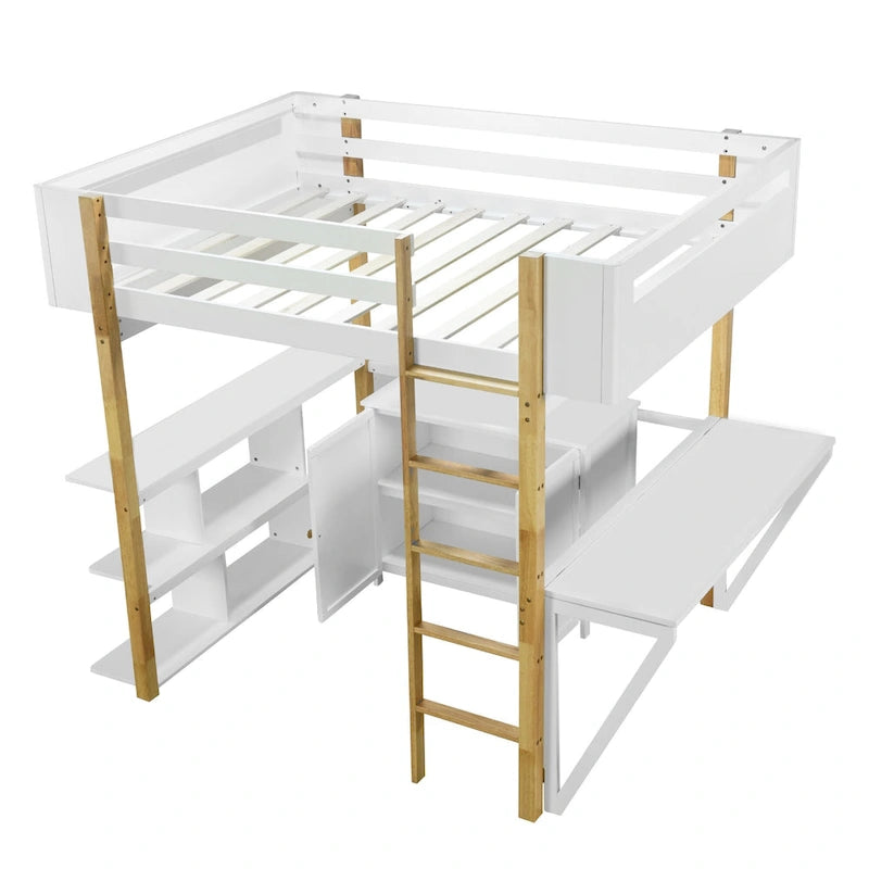 White Full Size Solid Wood Loft Bed with Storage Cabinet & Desk