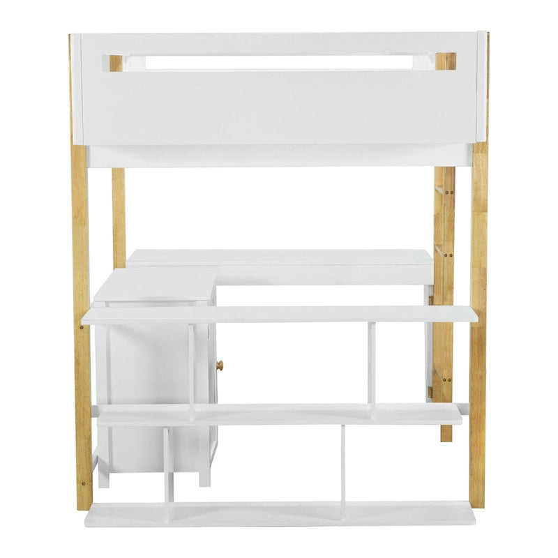 White Full Size Solid Wood Loft Bed with Storage Cabinet & Desk