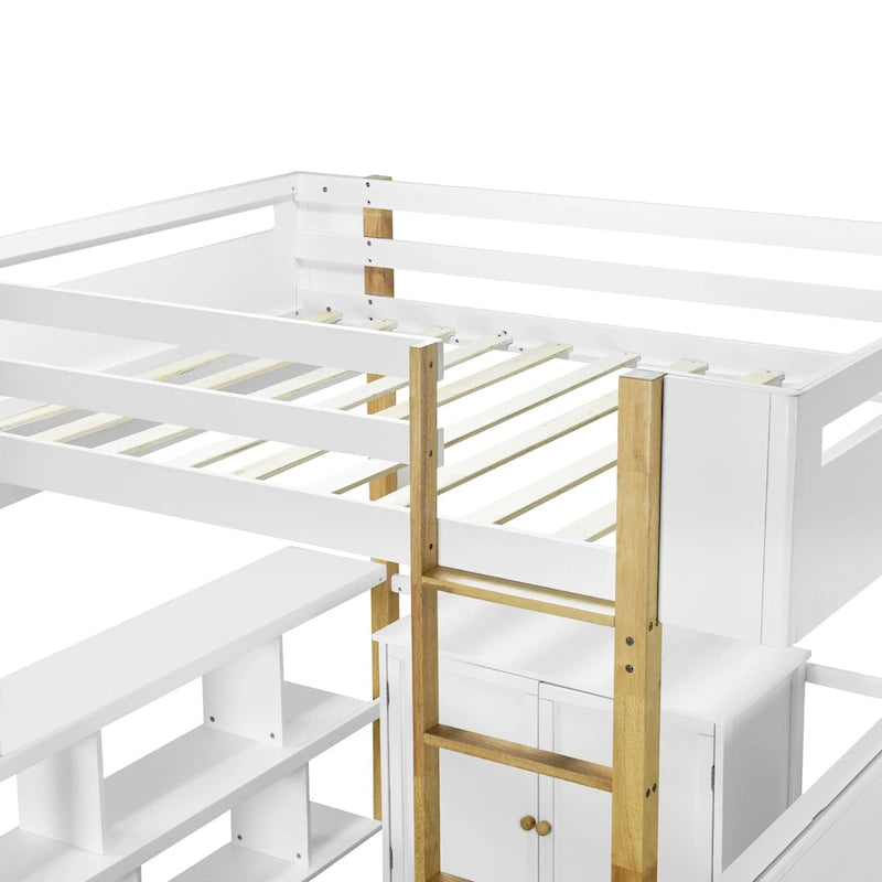 White Full Size Solid Wood Loft Bed with Storage Cabinet & Desk