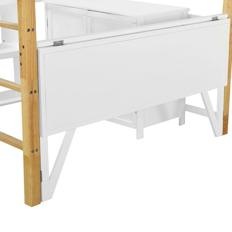 White Full Size Solid Wood Loft Bed with Storage Cabinet & Desk
