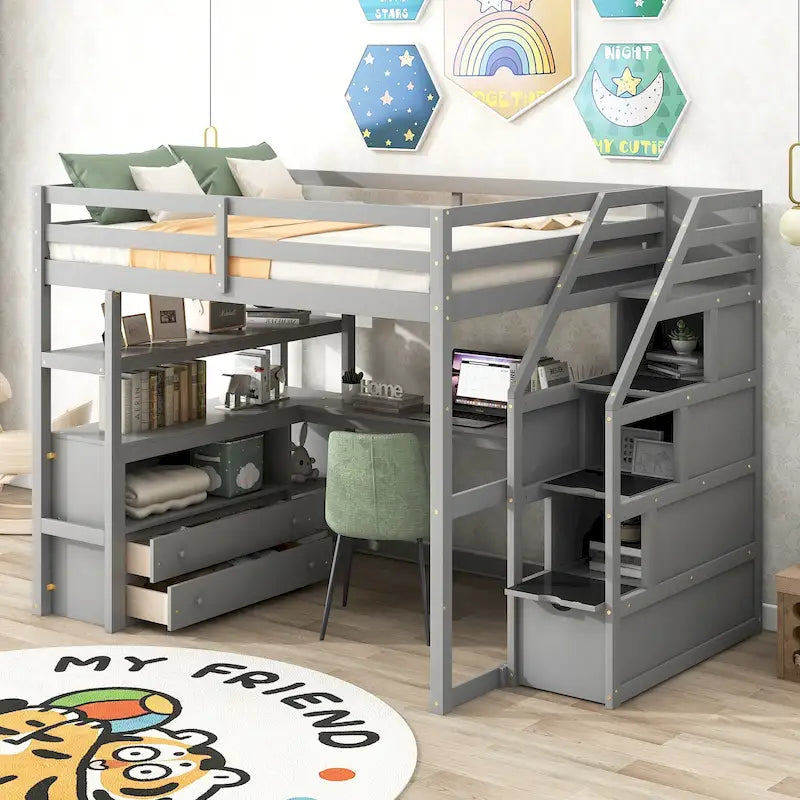 Full Pine Loft Bed with Desk and Storage