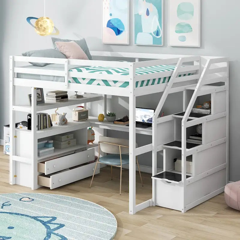 Full Pine Loft Bed with Desk and Storage