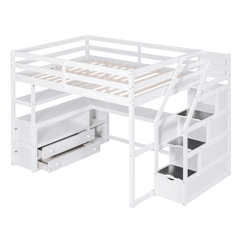Full Pine Loft Bed with Desk and Storage