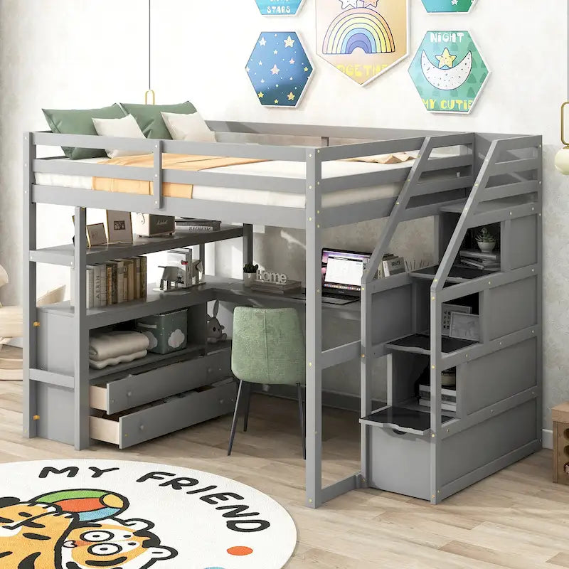 Full Pine Loft Bed with Desk and Storage