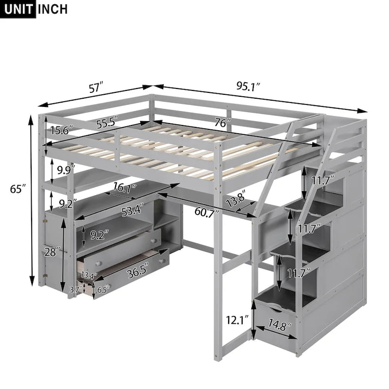 Full Pine Loft Bed with Desk and Storage