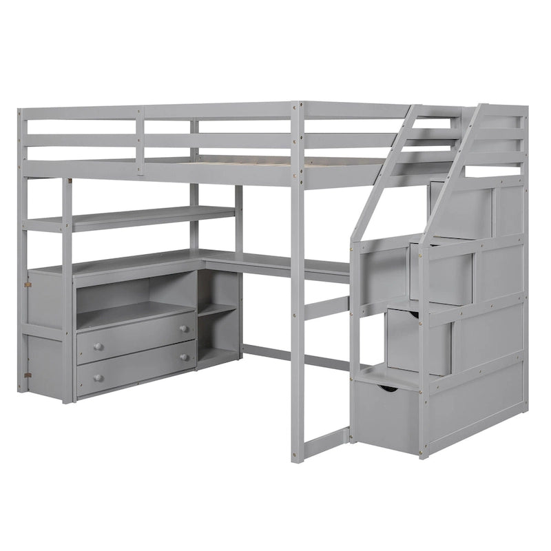 Full Pine Loft Bed with Desk and Storage
