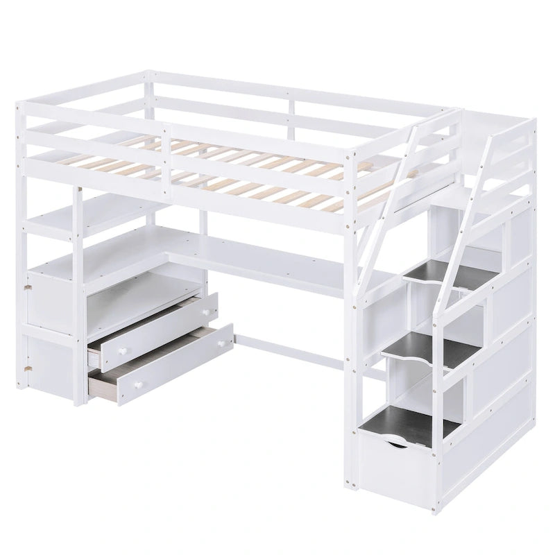 Pine Loft Bed with Desk and Storage