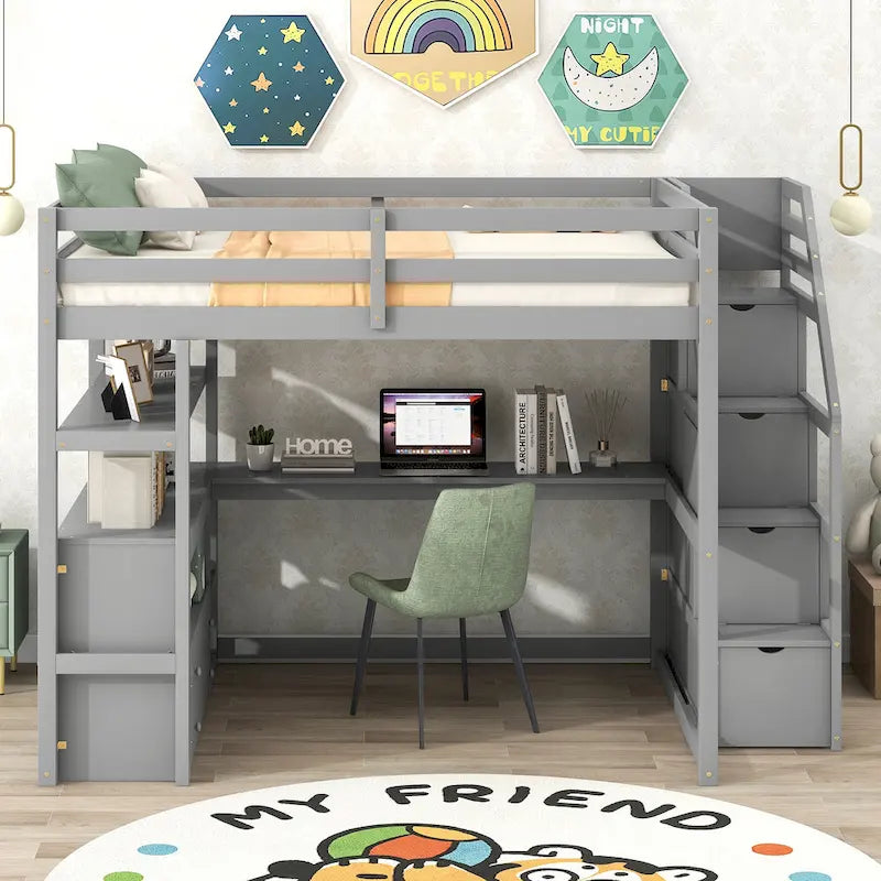 Pine Loft Bed with Desk and Storage