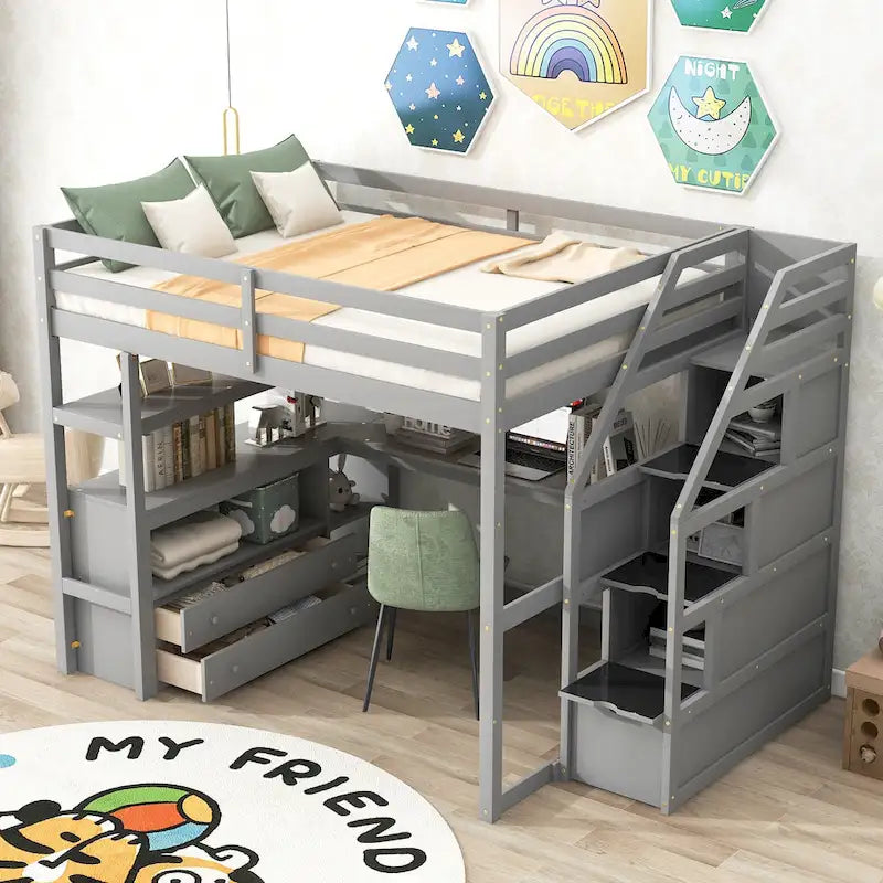 Pine Loft Bed with Desk and Storage