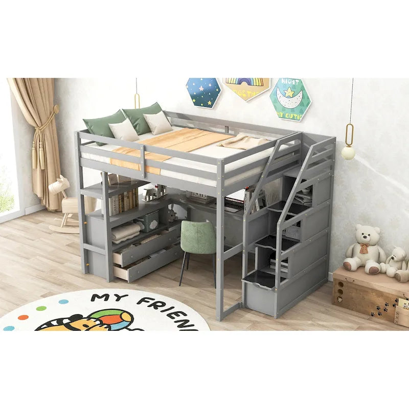 Pine Loft Bed with Desk and Storage