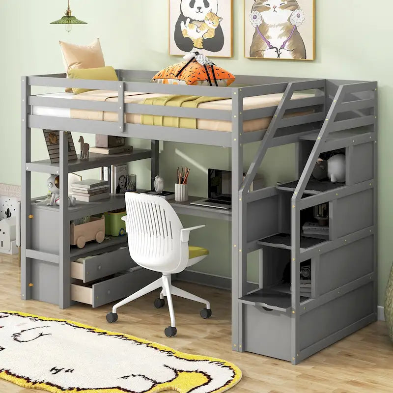 Pine Loft Bed with Desk and Storage
