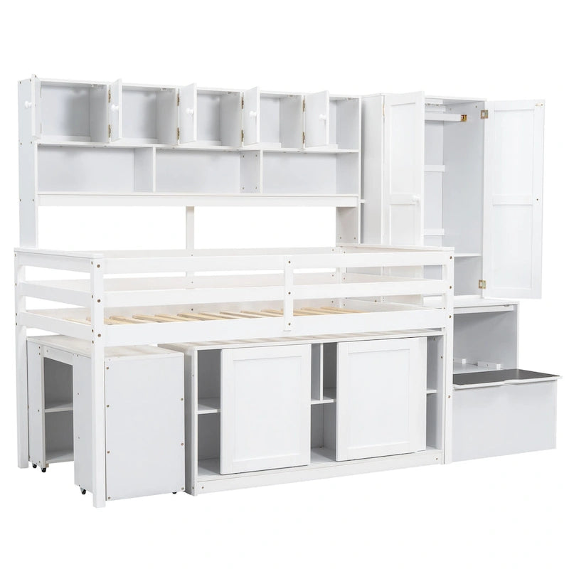 White Twin Size Wooden Loft Bed with Integrated Wardrobe and Under-bed Desk