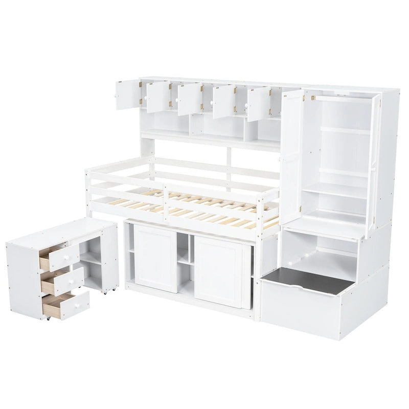 White Twin Size Wooden Loft Bed with Integrated Wardrobe and Under-bed Desk