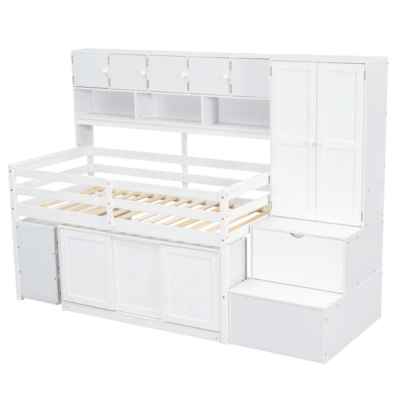 White Twin Size Wooden Loft Bed with Integrated Wardrobe and Under-bed Desk