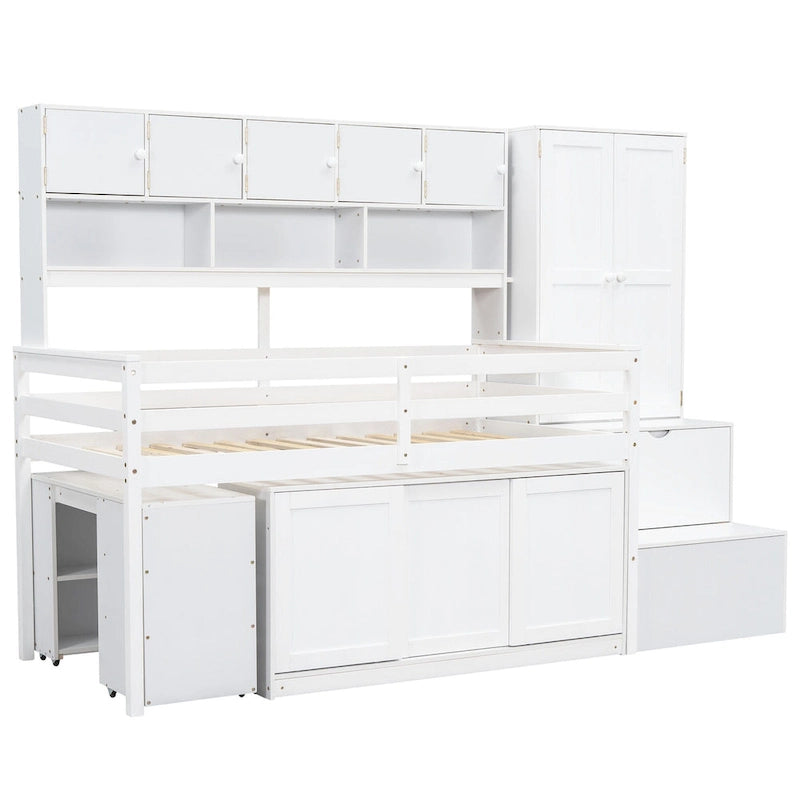 White Twin Size Wooden Loft Bed with Integrated Wardrobe and Under-bed Desk