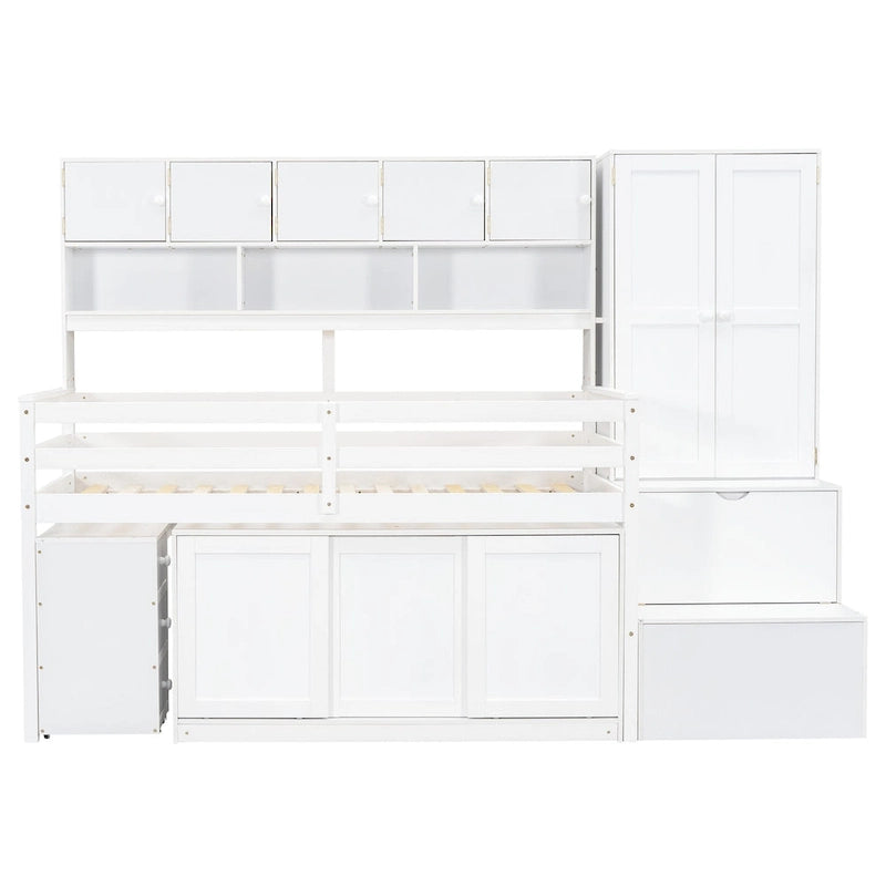 White Twin Size Wooden Loft Bed with Integrated Wardrobe and Under-bed Desk