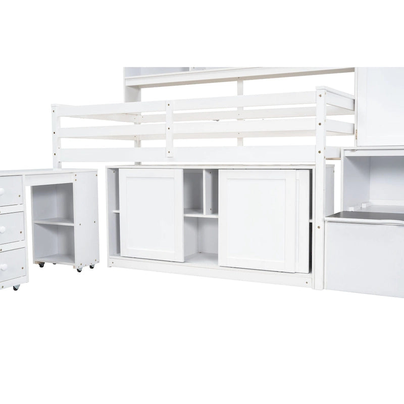 White Twin Size Wooden Loft Bed with Integrated Wardrobe and Under-bed Desk