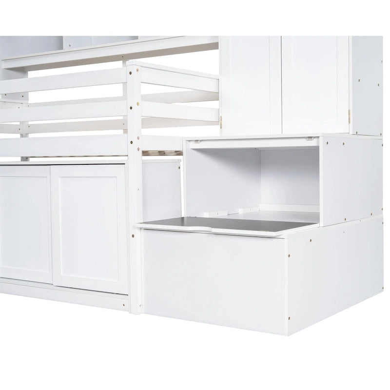 White Twin Size Wooden Loft Bed with Integrated Wardrobe and Under-bed Desk
