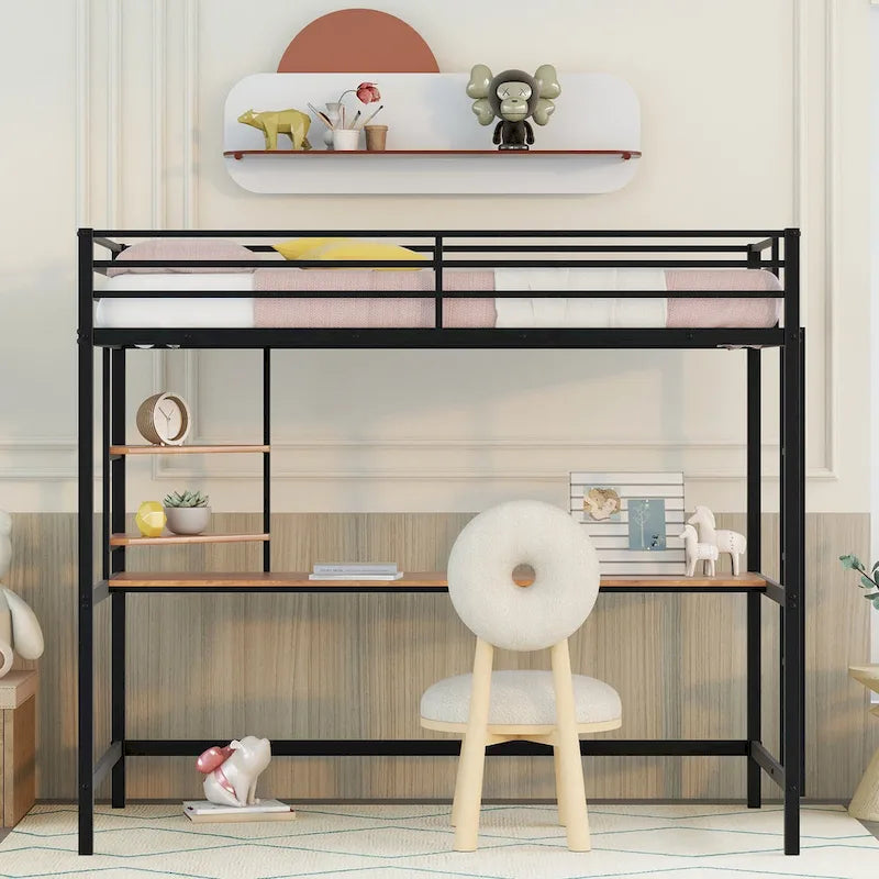 Black Twin Size Metal Loft Bed with Desk, Ladder, and Shelf for Kids