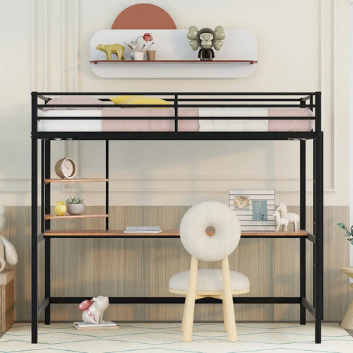 Black Twin Size Metal Loft Bed with Desk, Ladder, and Shelf for Kids