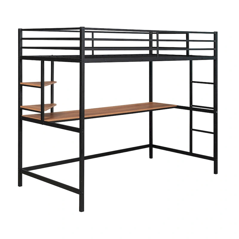 Black Twin Size Metal Loft Bed with Desk, Ladder, and Shelf for Kids