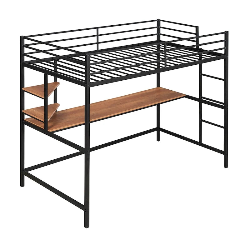 Black Twin Size Metal Loft Bed with Desk, Ladder, and Shelf for Kids