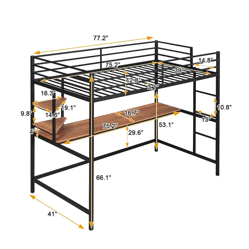 Black Twin Size Metal Loft Bed with Desk, Ladder, and Shelf for Kids