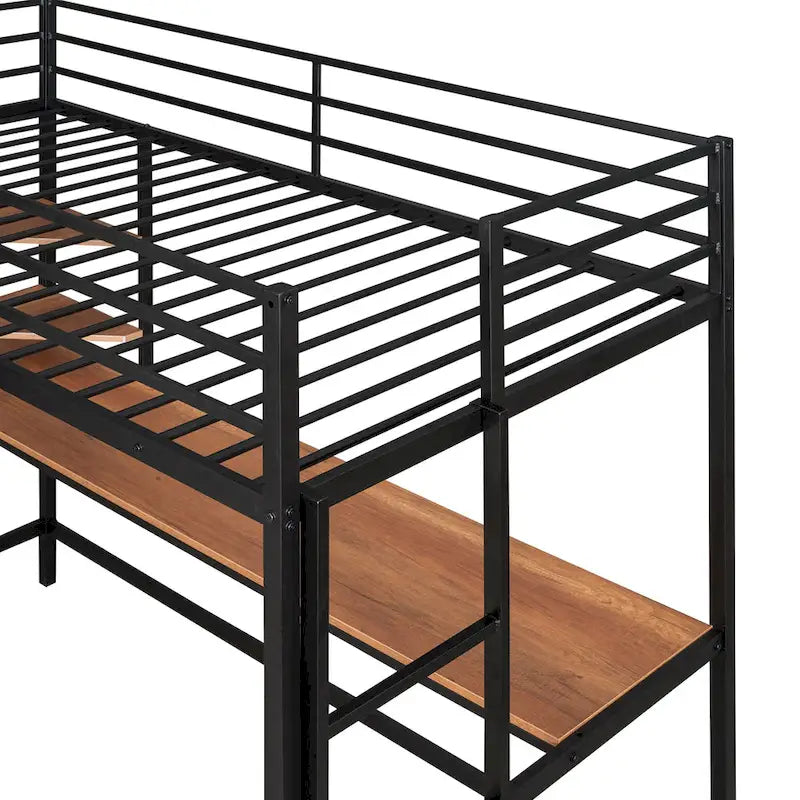 Black Twin Size Metal Loft Bed with Desk, Ladder, and Shelf for Kids