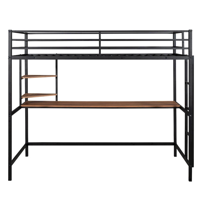 Black Twin Size Metal Loft Bed with Desk, Ladder, and Shelf for Kids