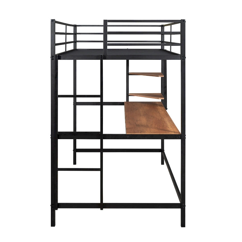Black Twin Size Metal Loft Bed with Desk, Ladder, and Shelf for Kids