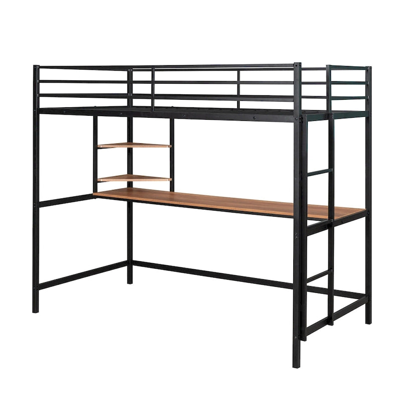 Black Twin Size Metal Loft Bed with Desk, Ladder, and Shelf for Kids