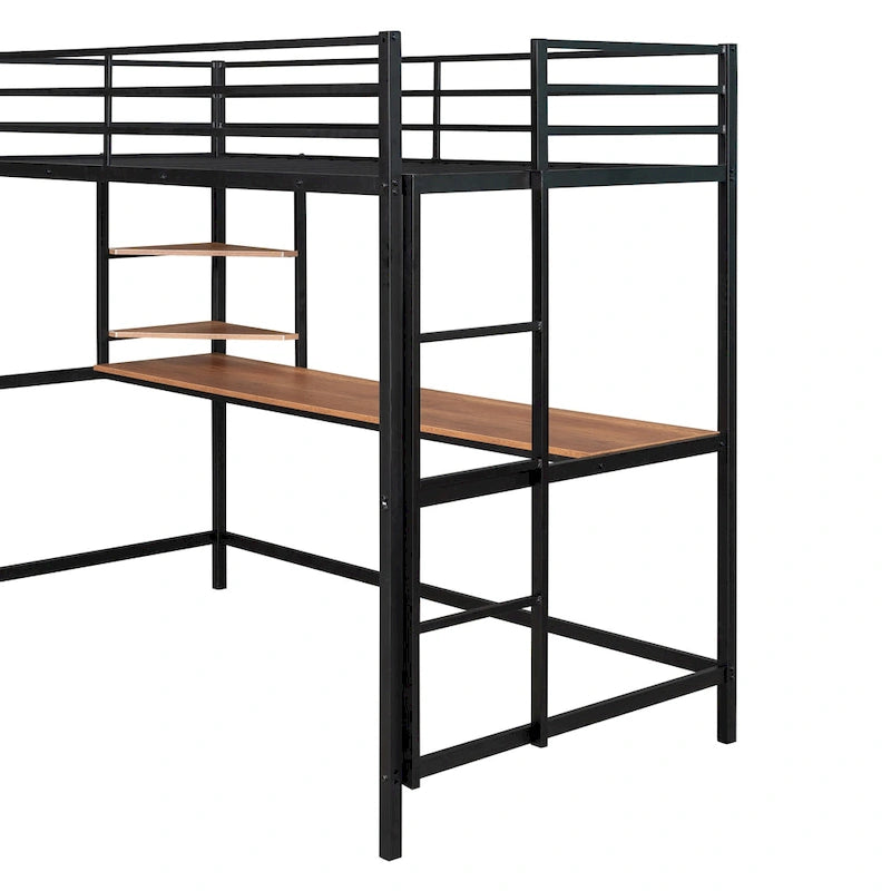Black Twin Size Metal Loft Bed with Desk, Ladder, and Shelf for Kids
