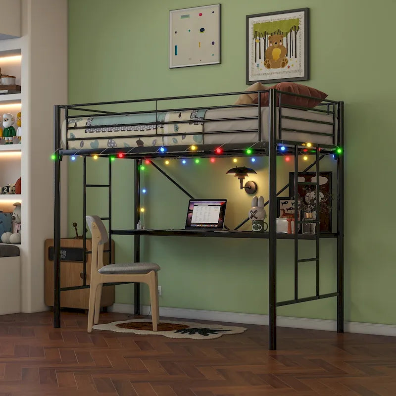 Black Twin Metal Loft Bed with Desk & LED Light