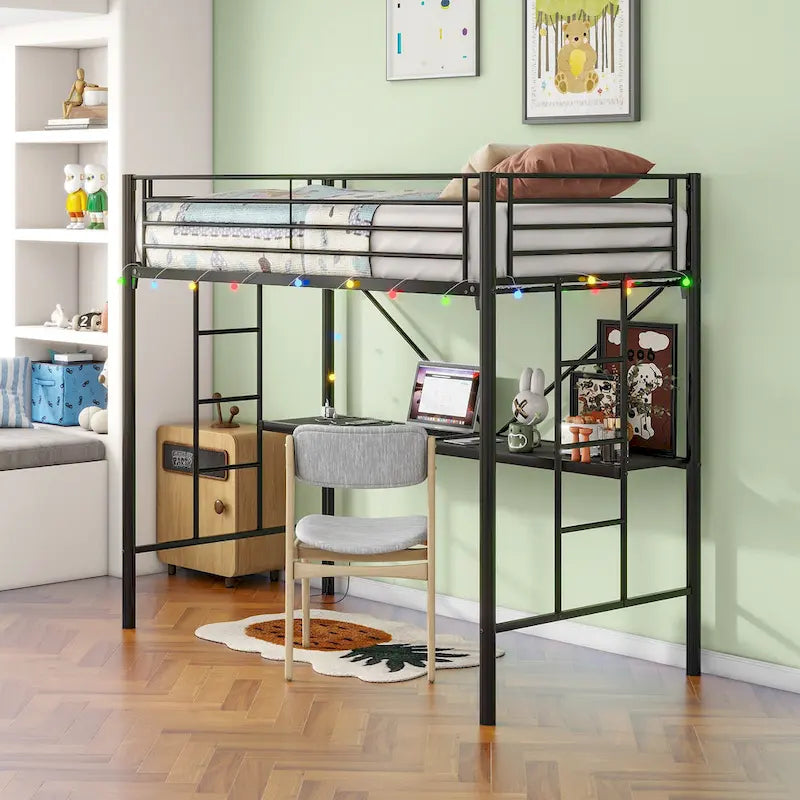 Black Twin Metal Loft Bed with Desk & LED Light