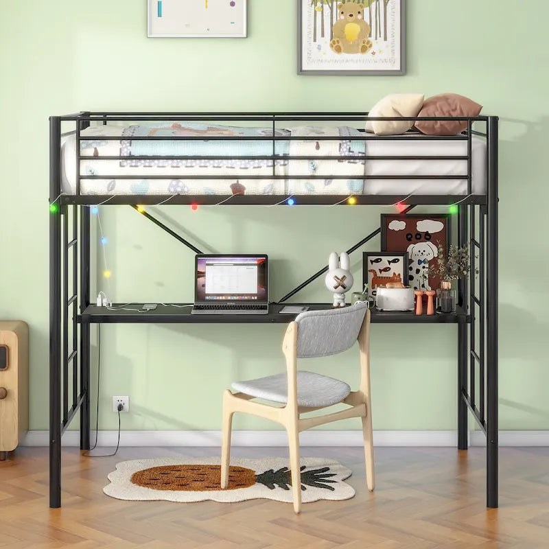 Black Twin Metal Loft Bed with Desk & LED Light