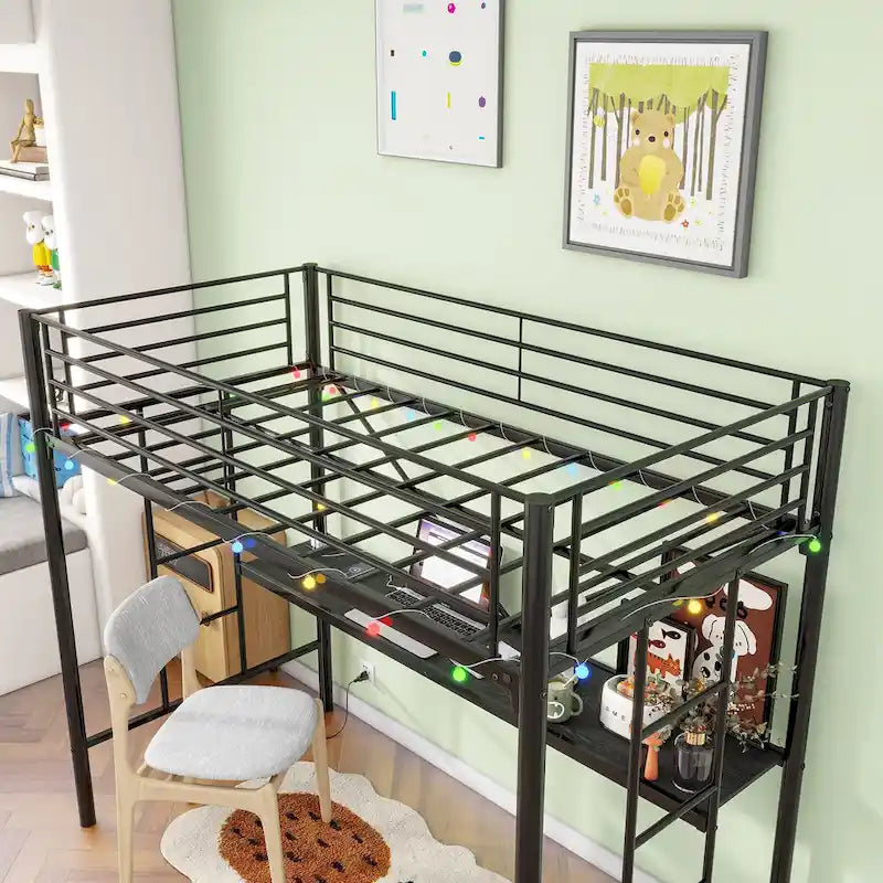 Black Twin Metal Loft Bed with Desk & LED Light