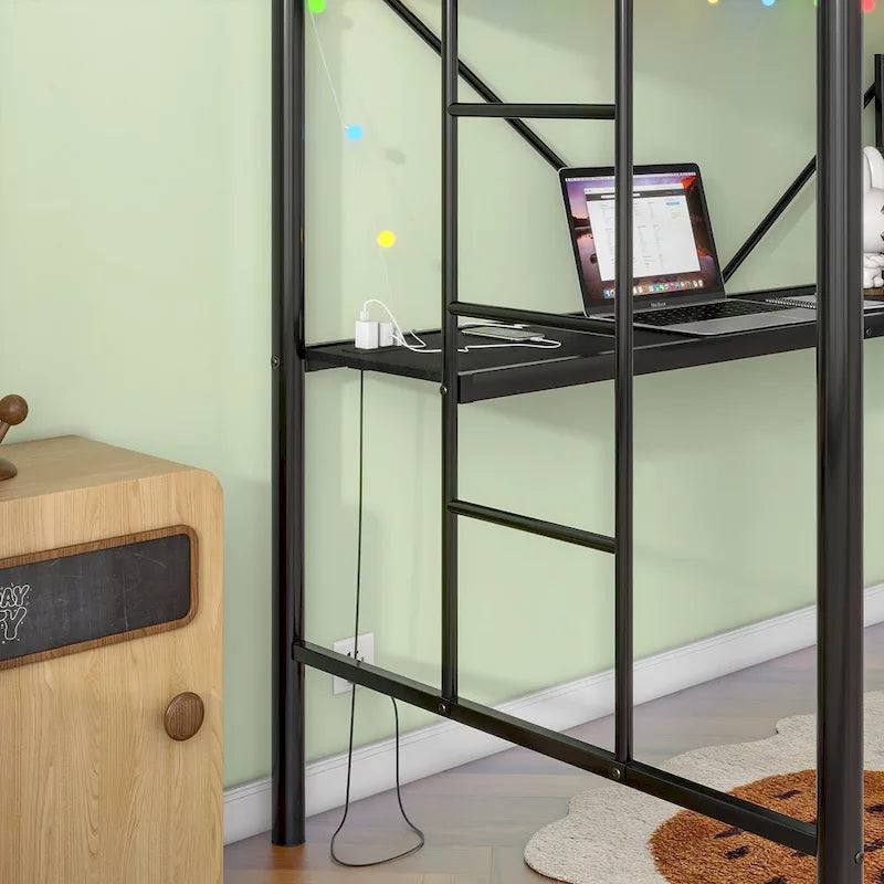 Black Twin Metal Loft Bed with Desk & LED Light