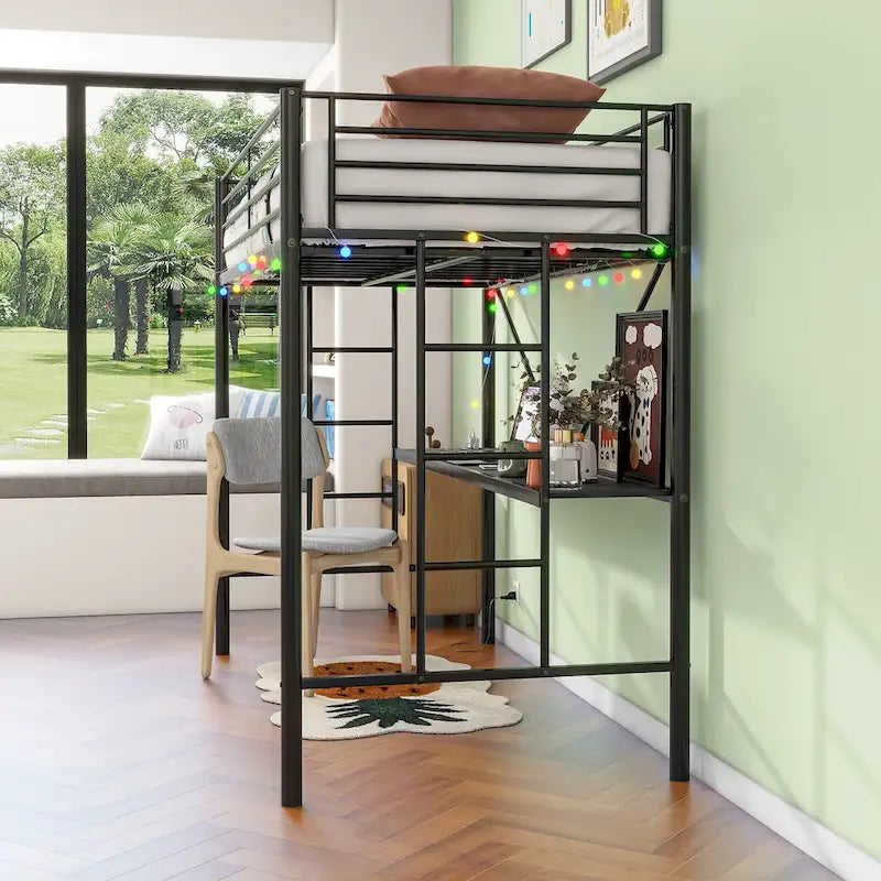 Black Twin Metal Loft Bed with Desk & LED Light