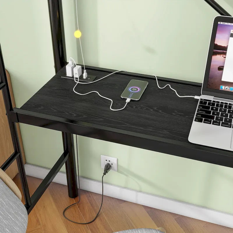 Black Twin Metal Loft Bed with Desk & LED Light