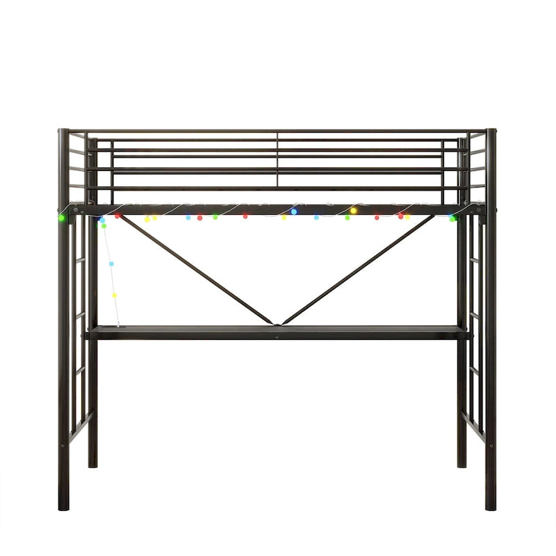 Black Twin Metal Loft Bed with Desk & LED Light