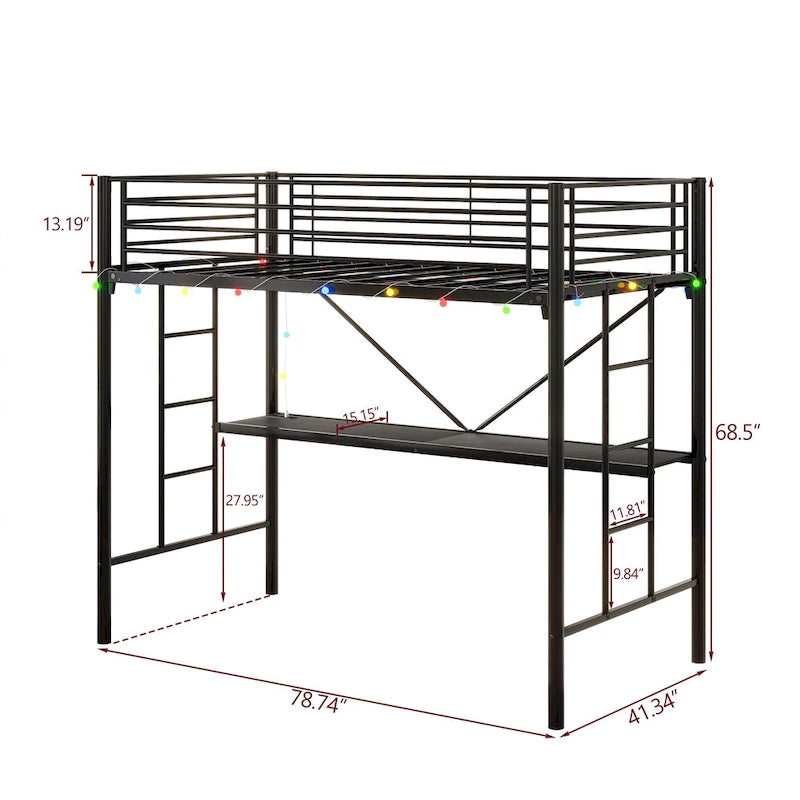 Black Twin Metal Loft Bed with Desk & LED Light