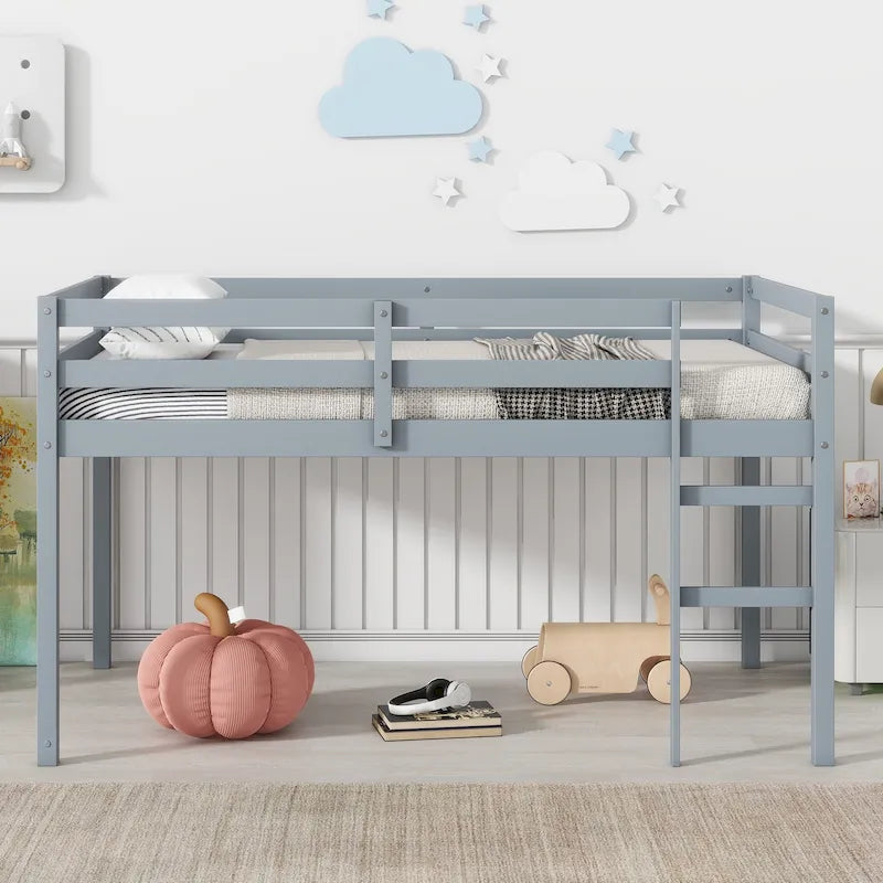 Grey Twin Rubber Wood Loft Bed with Strengthened Slats
